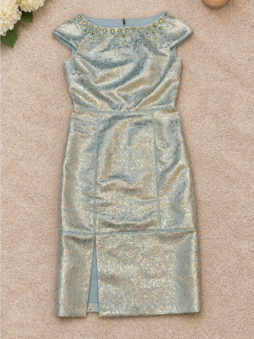 Tory Burch Light Blue and Gold Brocade Midi Dress